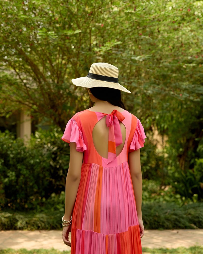 Pink and Orange Colorblocked Tiered Maxi Dress