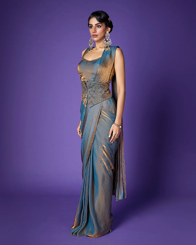 Twilight Dusk Shimmer Tissue Saree with Corset Belt — QUNIC
