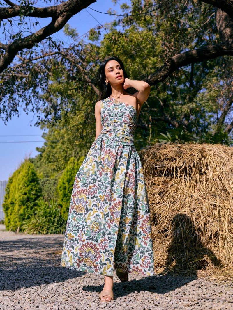 Green One-Shoulder Printed Maxi Dress with Waist Cut-Out