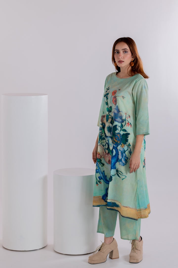 Aqua Green Printed A-Line Kurta and Pant Set