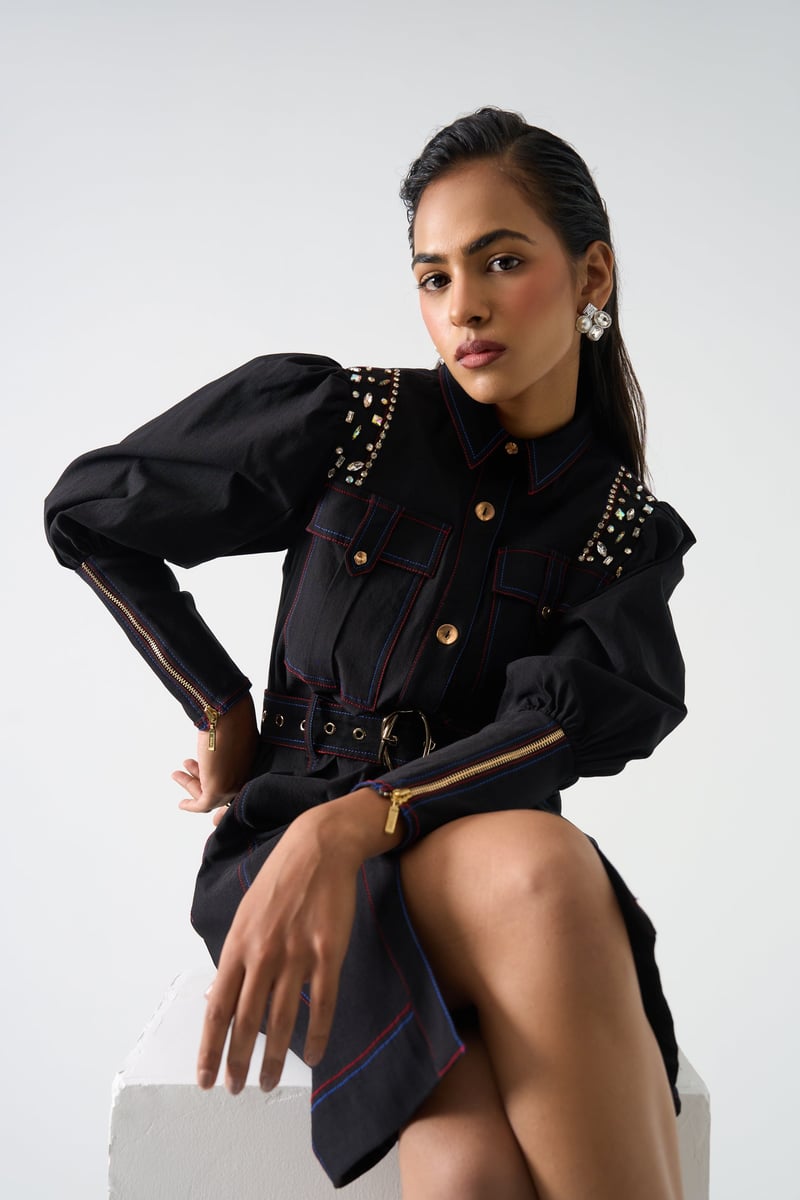 Black Embellished Shirt Dress with Belt