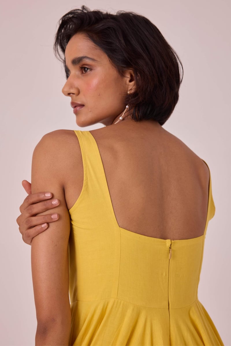Yellow Fit and Flare Square Neck Midi Dress