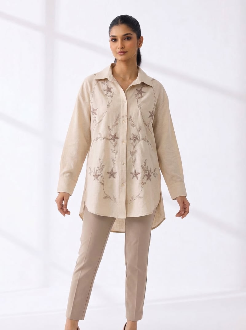 Stone Beige Embroidered Longline Cotton Shirt — AYRISS