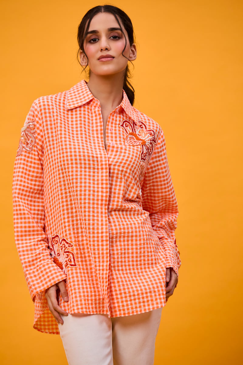 Orange seersucker lily shirt