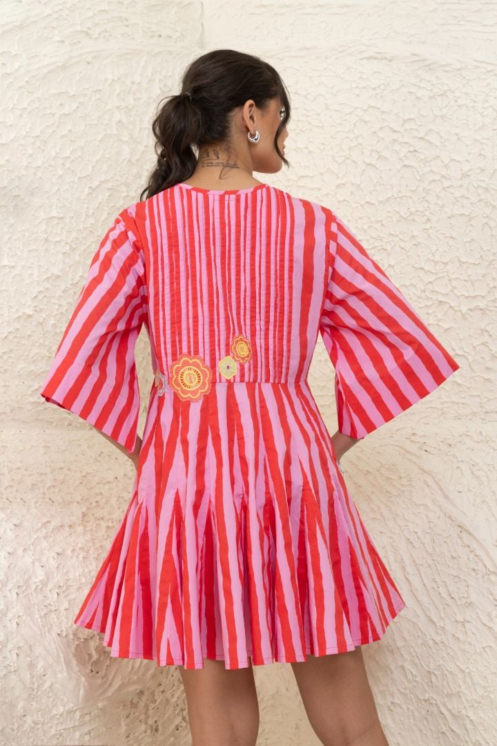 Pink and Red Striped Smock Mini Dress with Tie-Up Neck