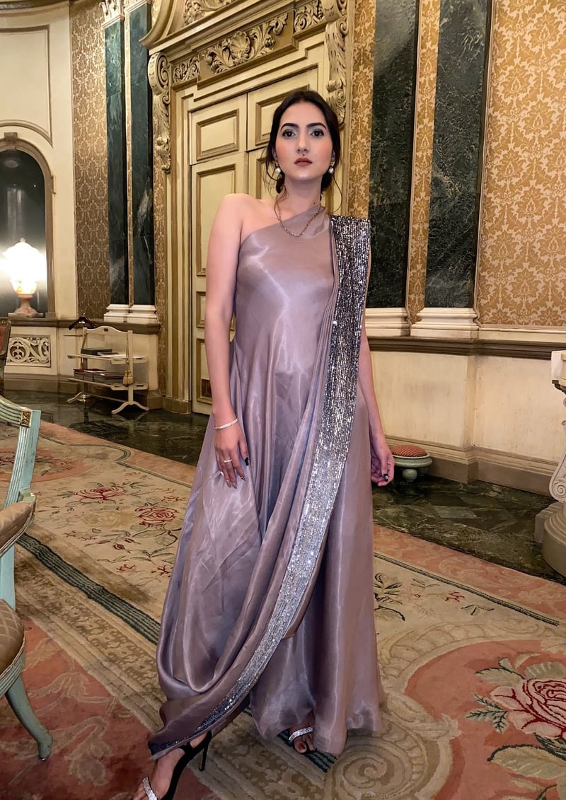 Fawn Cowl-Drape Concept Saree with Sequin Border