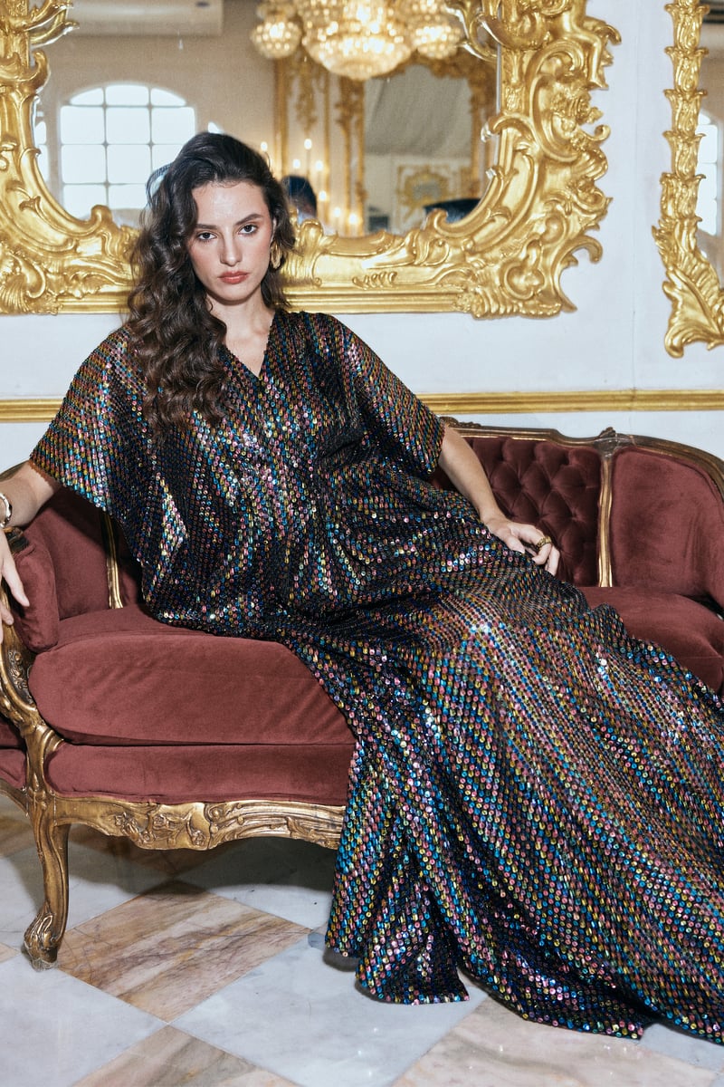 Multicolour Iridescent Sequin Maxi Kaftan Dress