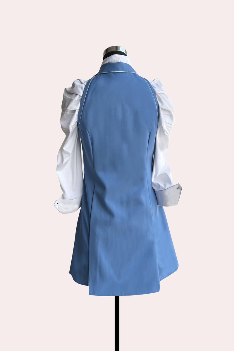 White and Blue Colorblocked Embellished Blazer Dress