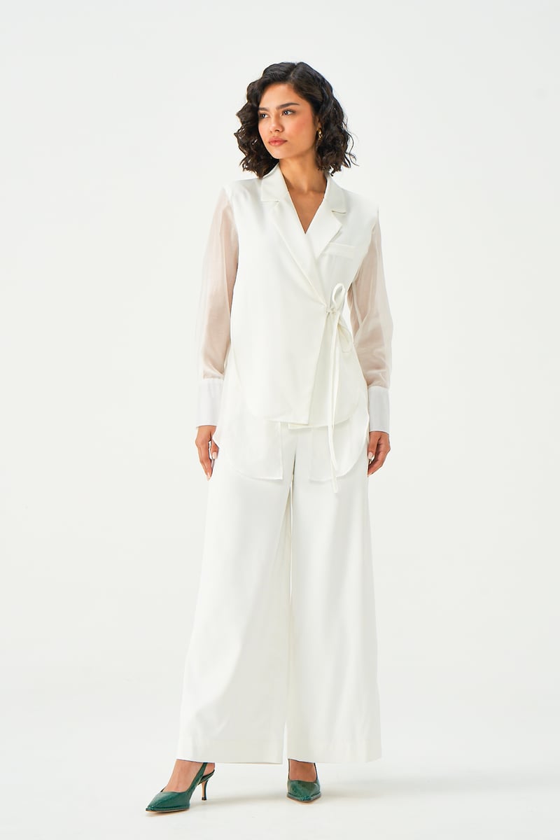 Ivory Longline Pant Suit Set with Sheer Sleeves