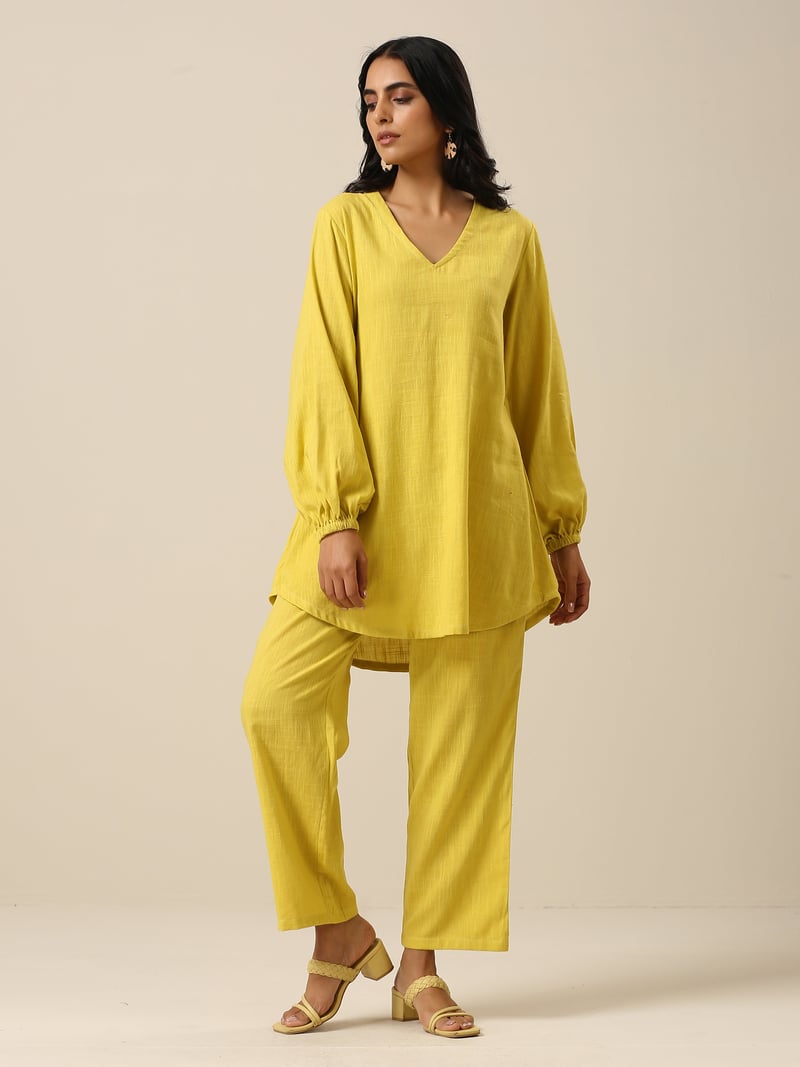 Lime Green Slub Textured Co-ord Set with V-Neck Top