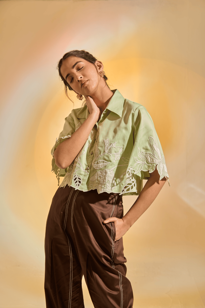 Green Cropped Cotton Satin Shirt with Embroidery and Cutwork