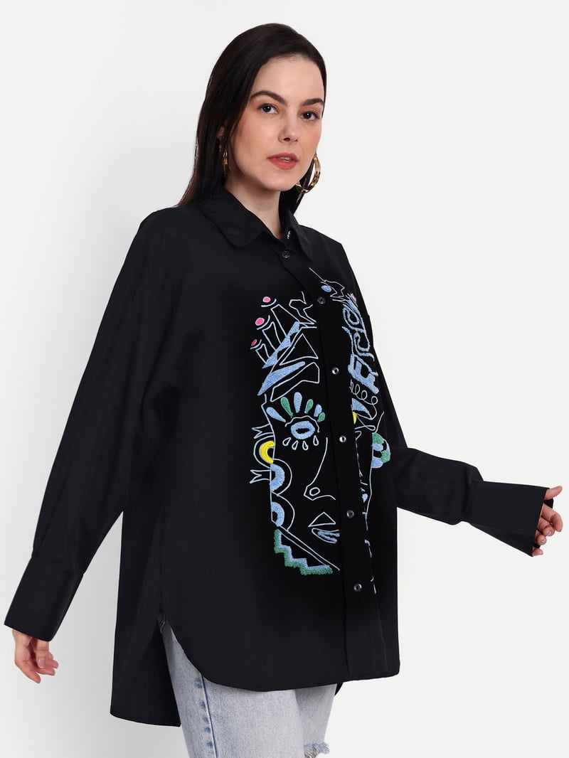 Black Oversized Embroidered Button-Down Shirt