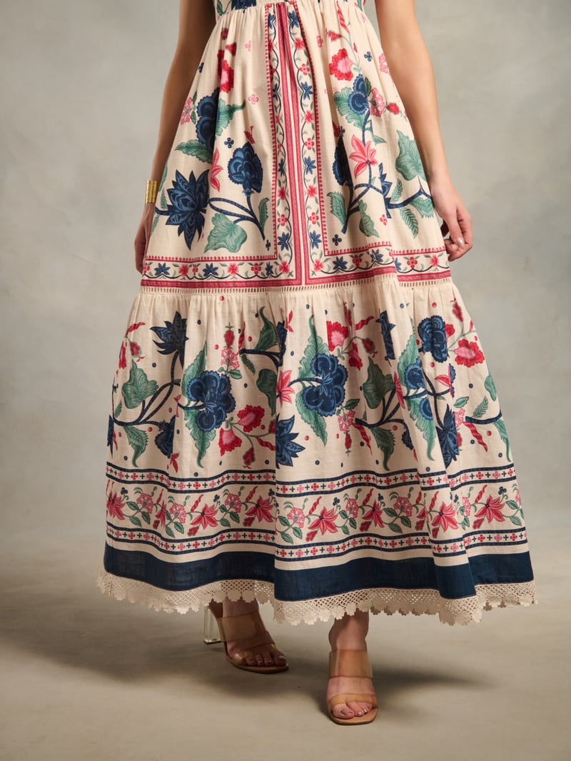 White Floral Printed Cotton Maxi Dress with Lace Trim