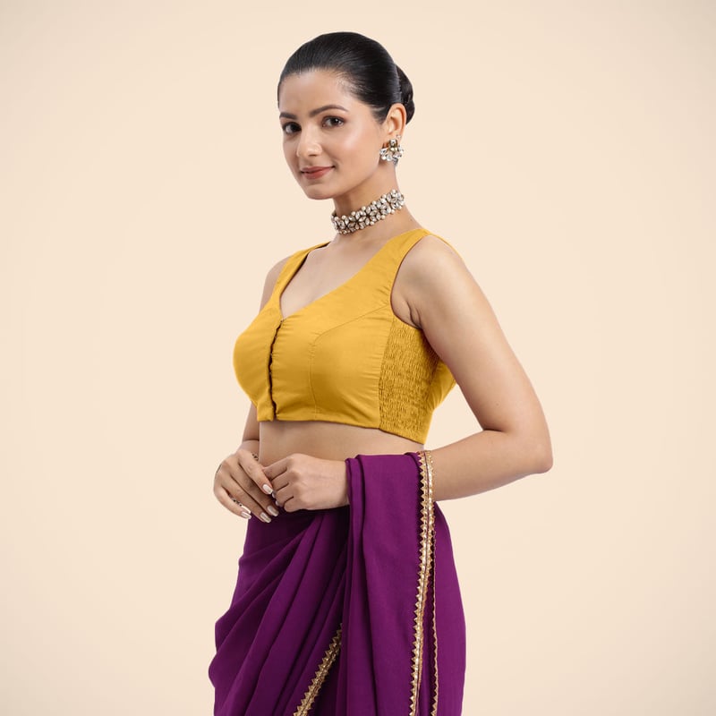 Marigold Yellow Sleeveless V-Neck Front Open Saree Blouse