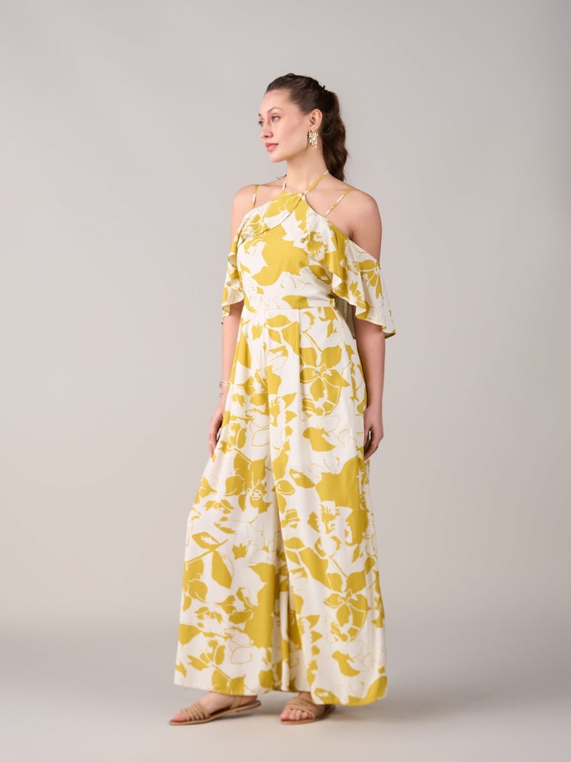 Yellow Floral Halter Neck Cold-Shoulder Wide-Leg Jumpsuit