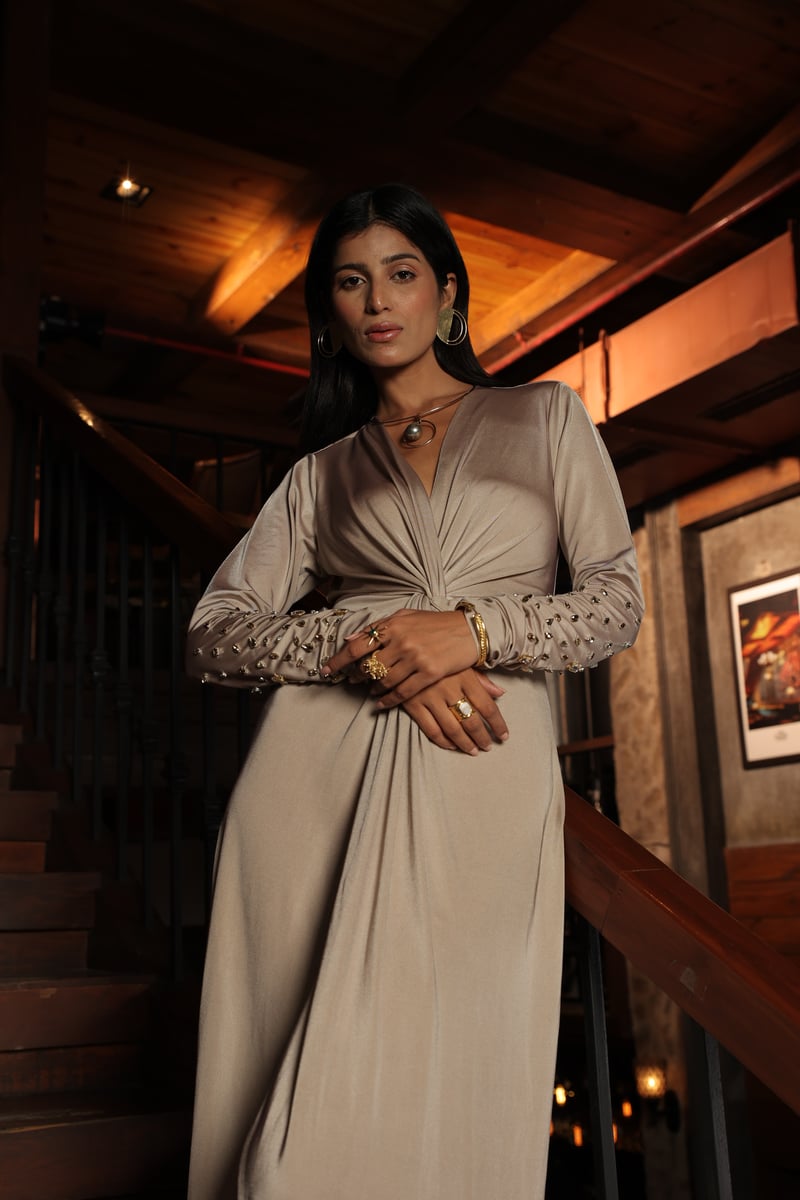 Grey Satin Lycra Maxi Gown with Twist Waist and Slit