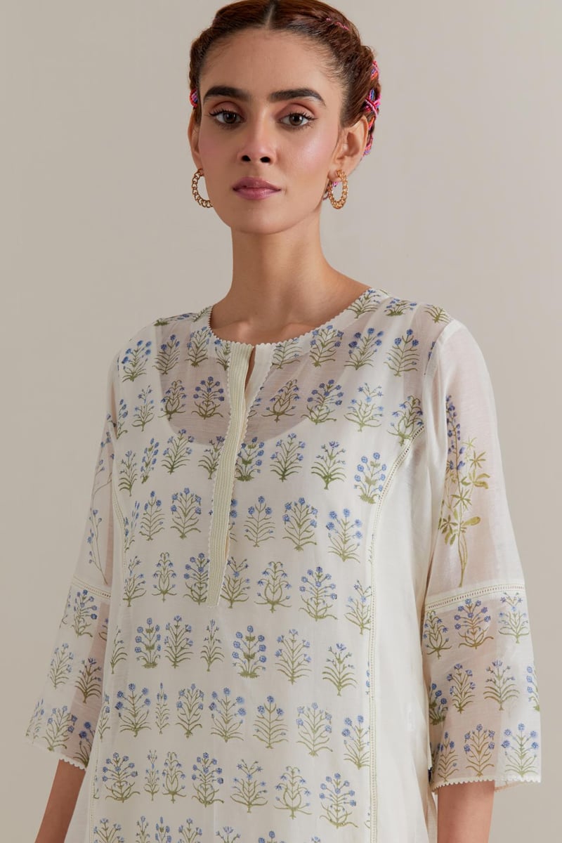 Off-White Floral Block Print Cotton Chanderi Kurta Set