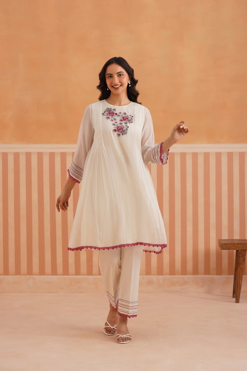 Off-White Mul Chanderi Embroidered Pintuck Kurta Set