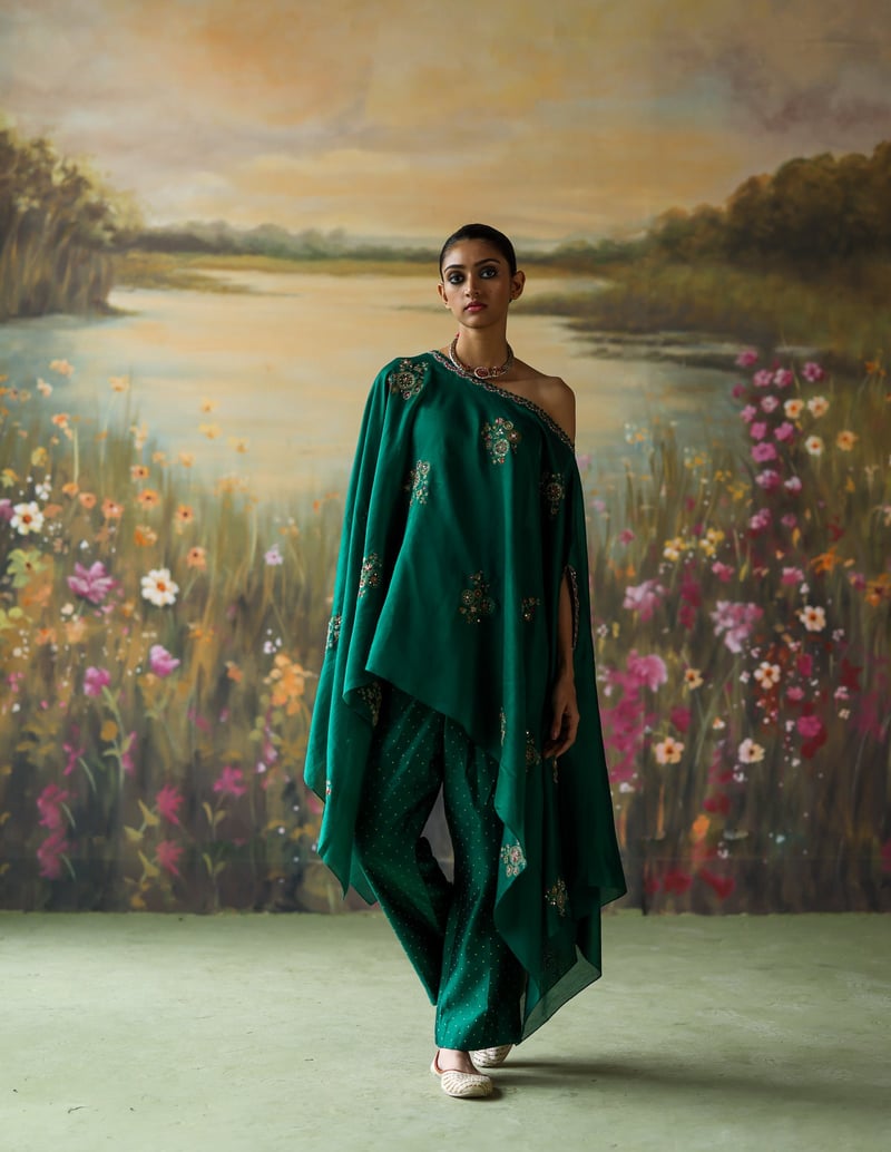 Emerald Green One-Shoulder Kaftan Co-ord Set