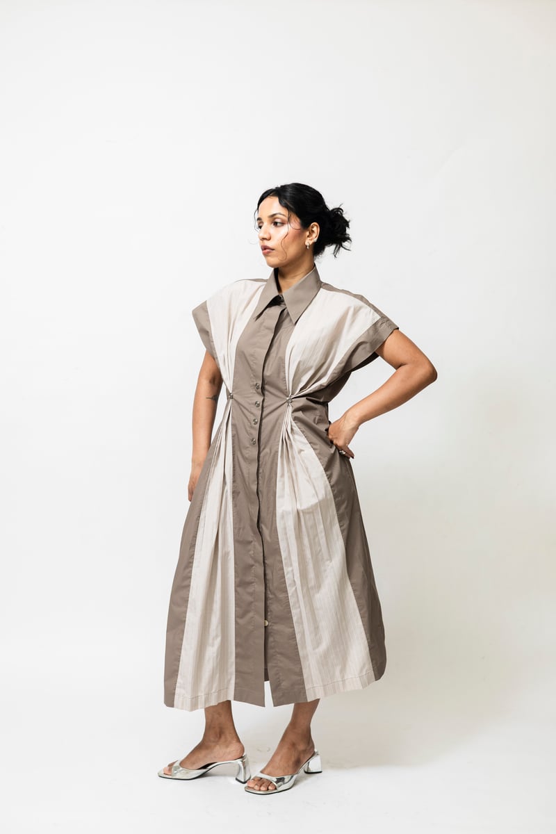 Beige Poplin Panelled Shirt Dress with Pleated Inserts