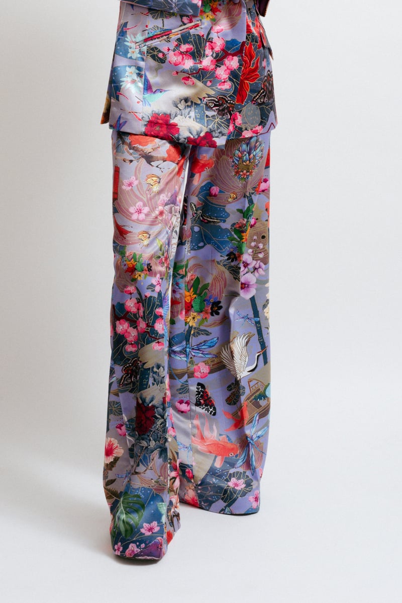 Multicolor Digital Print Wide-Leg Satin Trousers