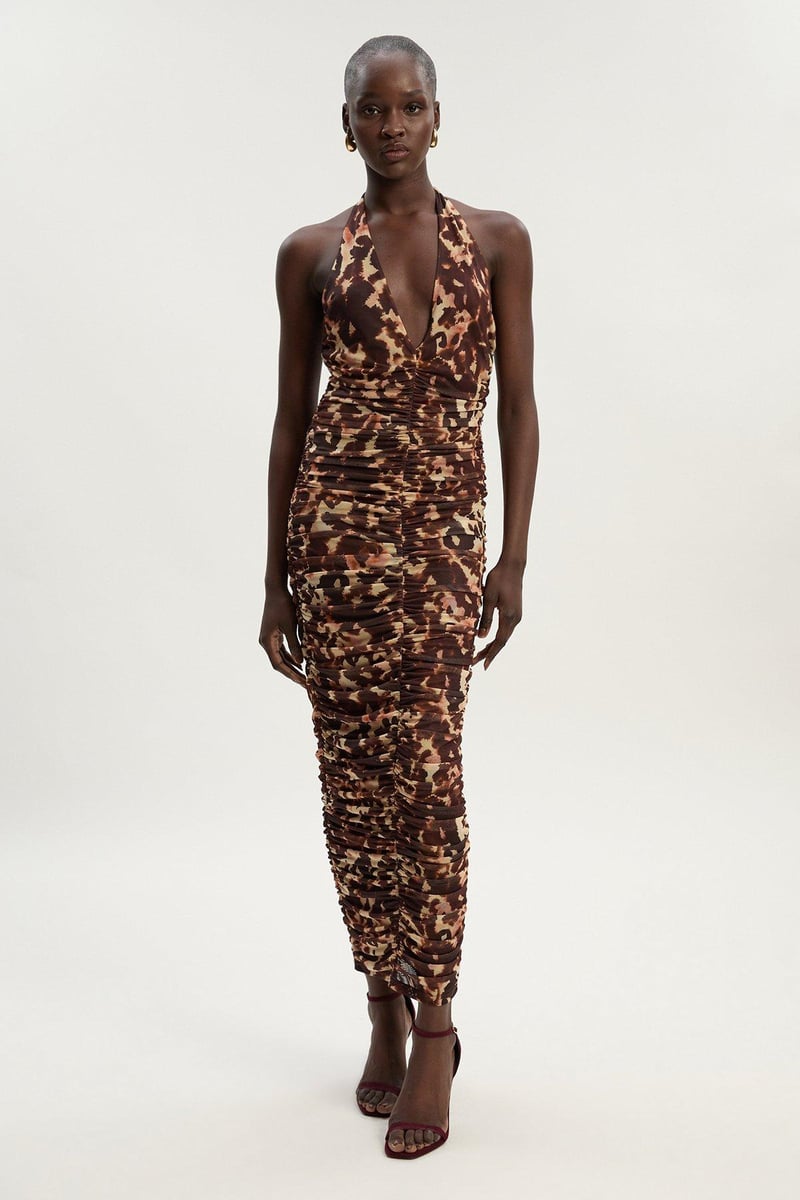 Leopard Print Plunge Halter Neck Mesh Midi Dress