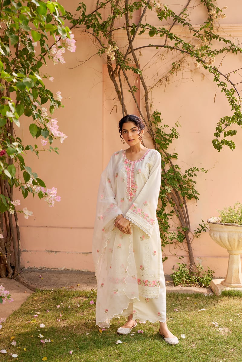 Ivory Pink Embroidered Chanderi Straight Suit Set