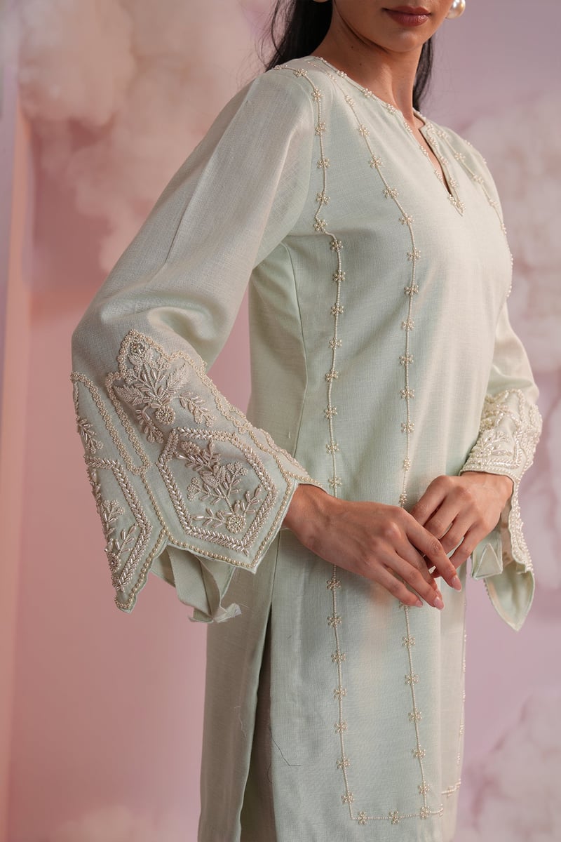 Mint Green Pearl Embroidered Kurta Pant Co-ord Set