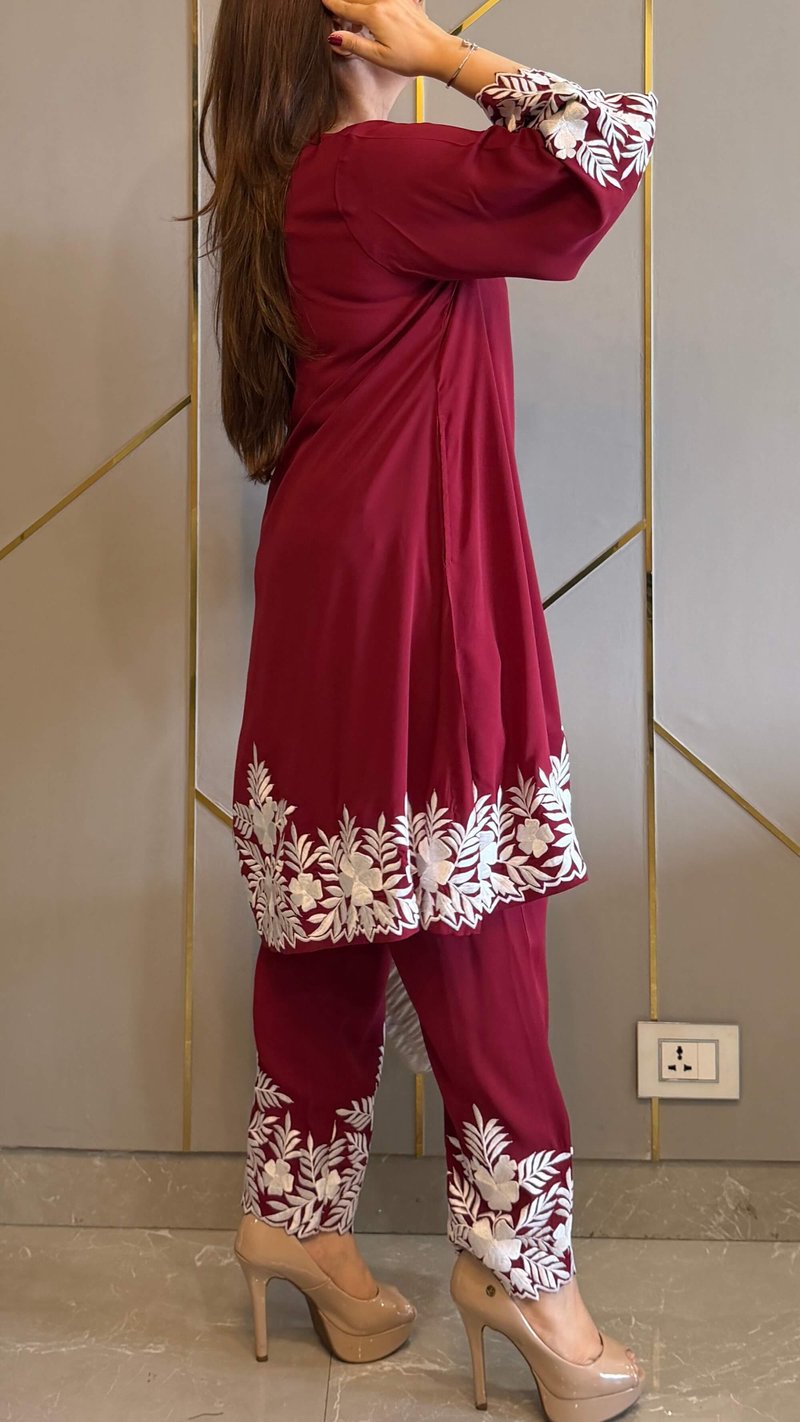 Red Royal Georgette Embroidered Kurta Pant Co-ord Set