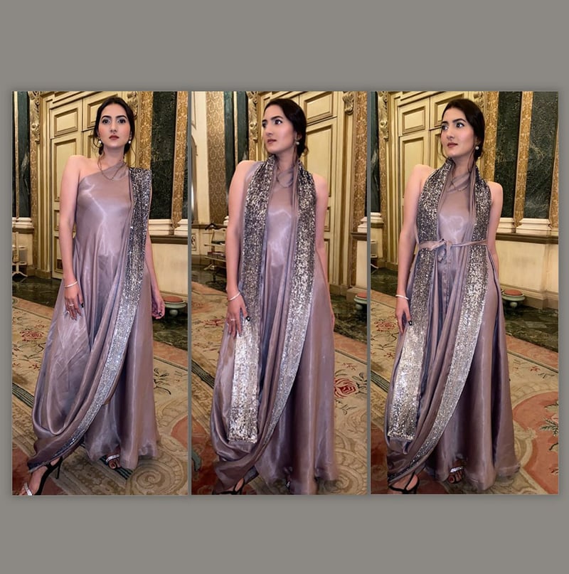 Fawn Cowl-Drape Concept Saree with Sequin Border