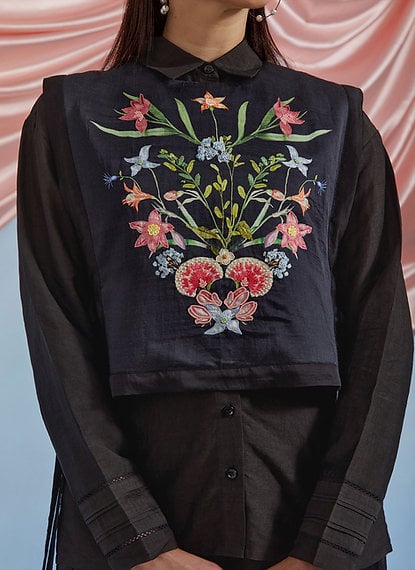Black Embroidered Bib Shirt and Wide-Leg Pant Co-ord Set