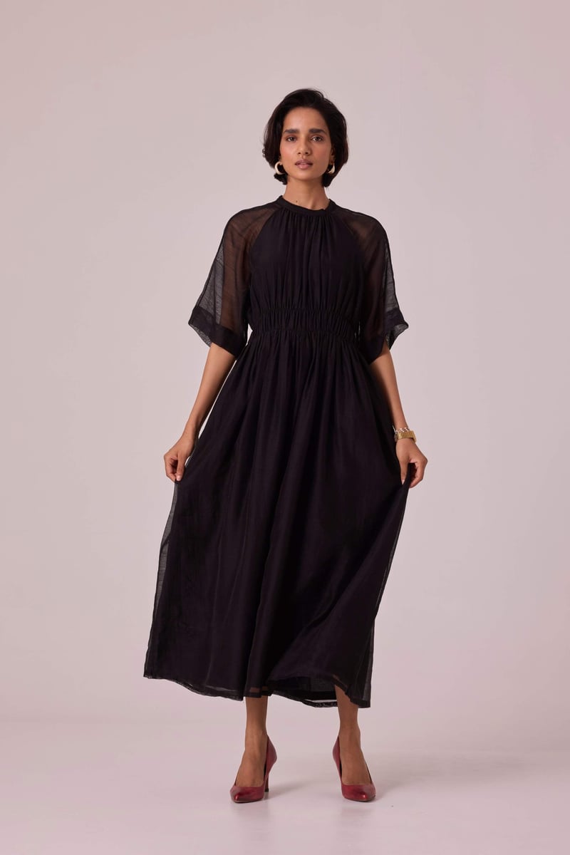 Black Handwoven Chanderi Maxi Dress with Ruched Waist