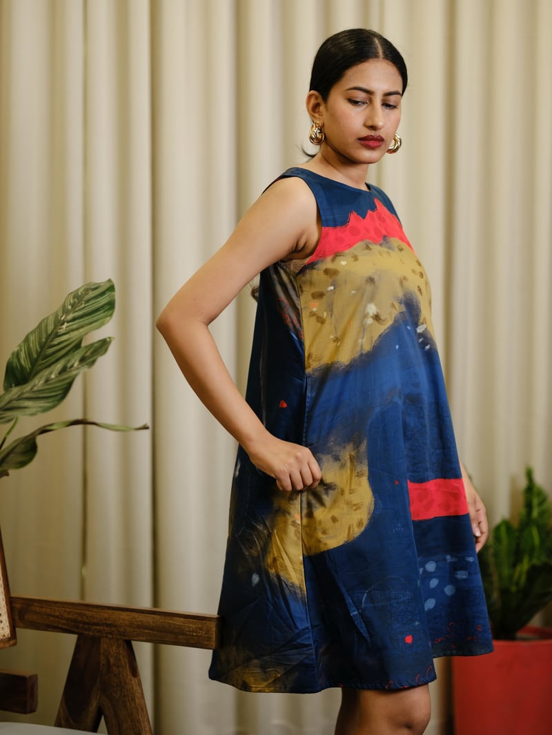 Multicolor Cotton Satin Abstract Print Shift Dress