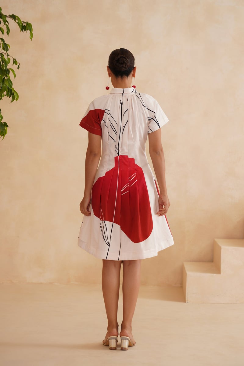 White/Red Abstract Print Mini Shirt Dress