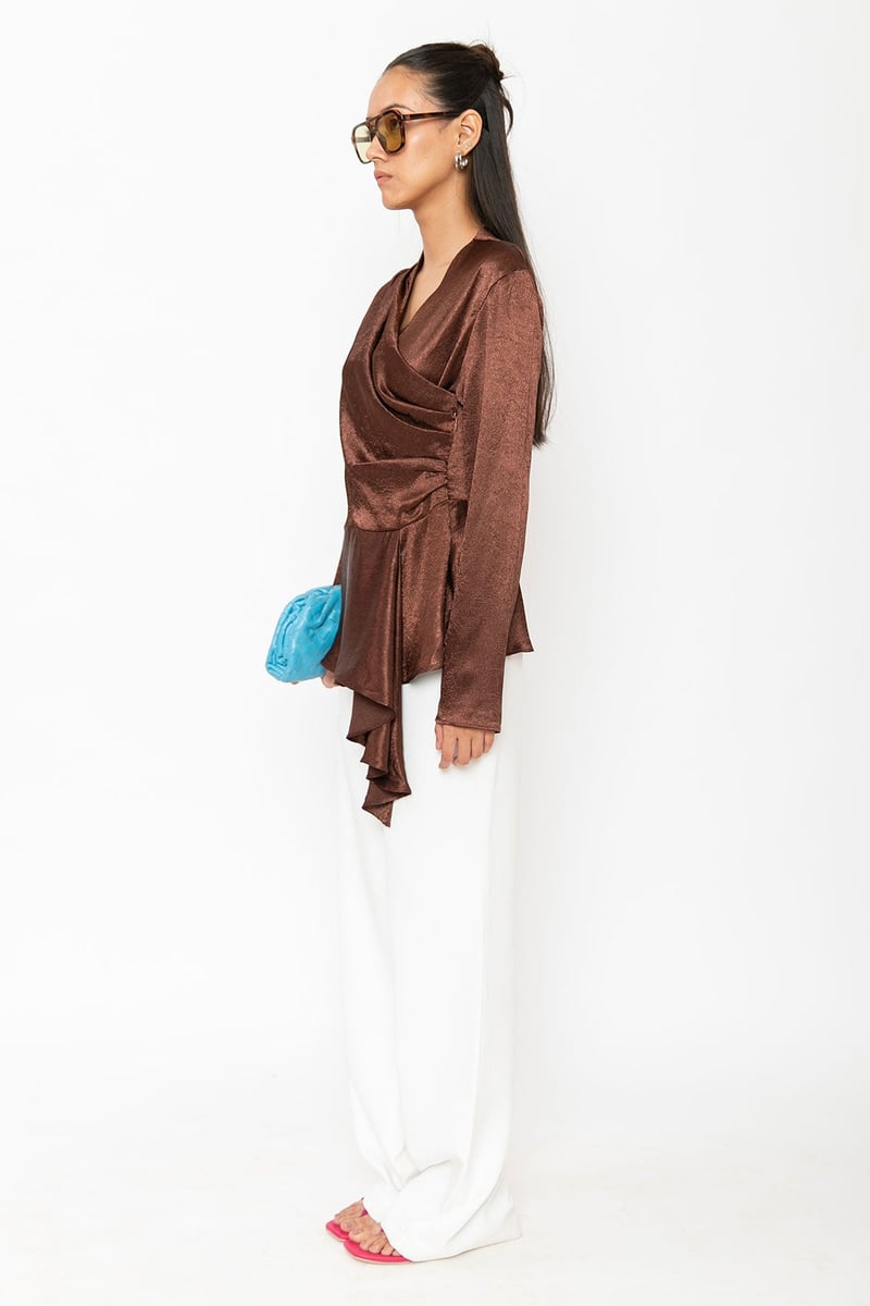 Brown Crushed Satin Wrap-Front Peplum Top