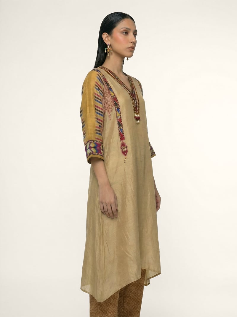 Beige Muslin Silk Printed Kurta Set with Embellished Placket