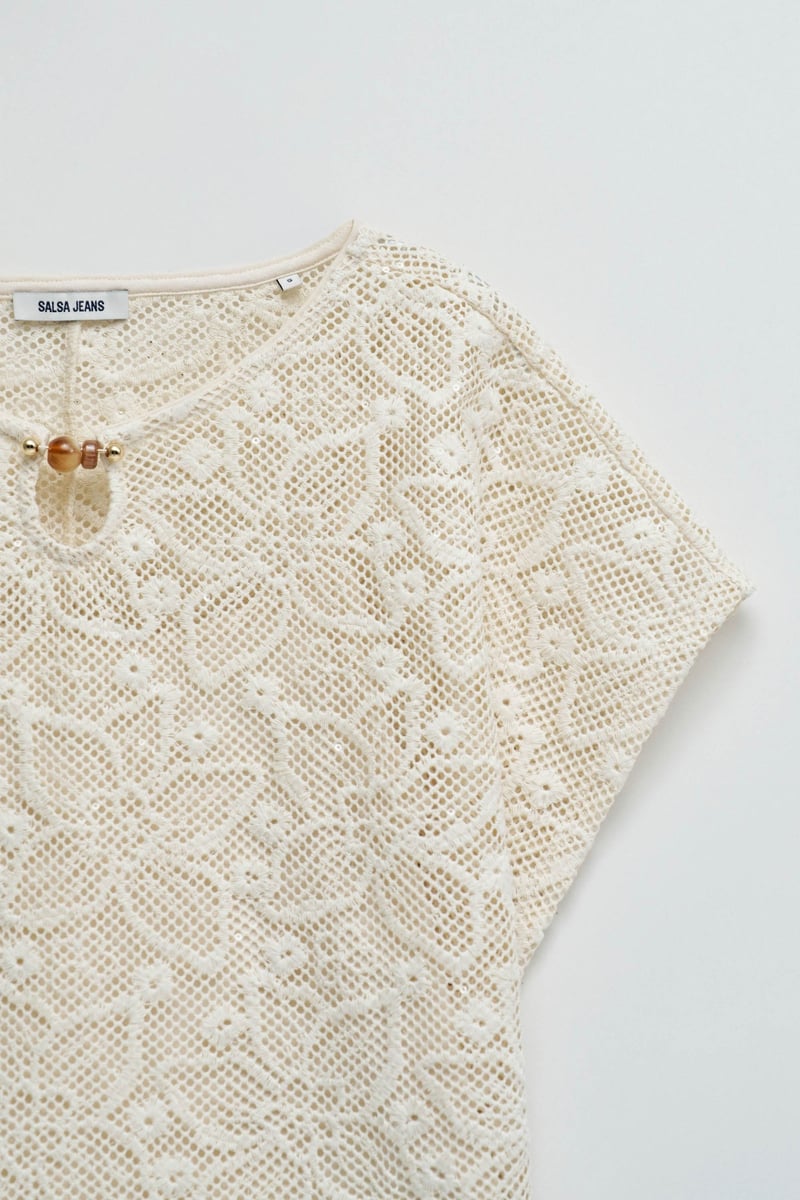 Light Beige Crochet T-Shirt with Keyhole Neck Detail