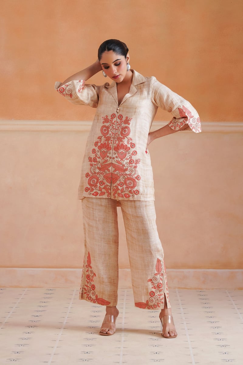 Beige Linen Embroidered Kurta and Pant Co-ord Set