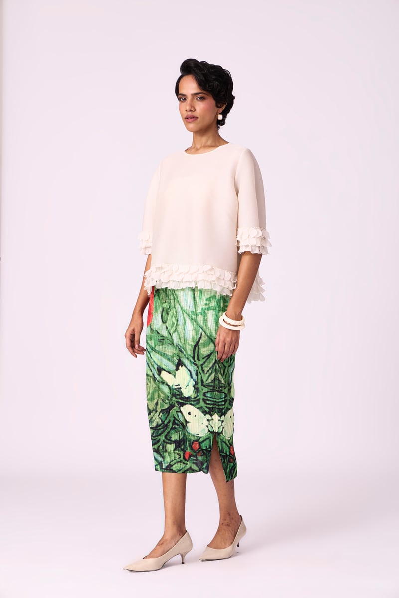 Ivory Pleated A-Line Top with Organza Scallop Hem