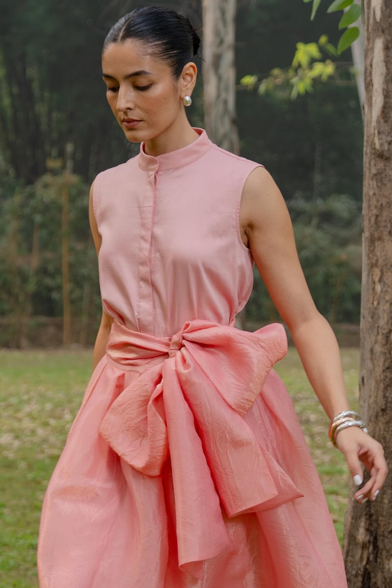 Blush Pink Satin Dress and Organza Bow Skirt Co-ord Set