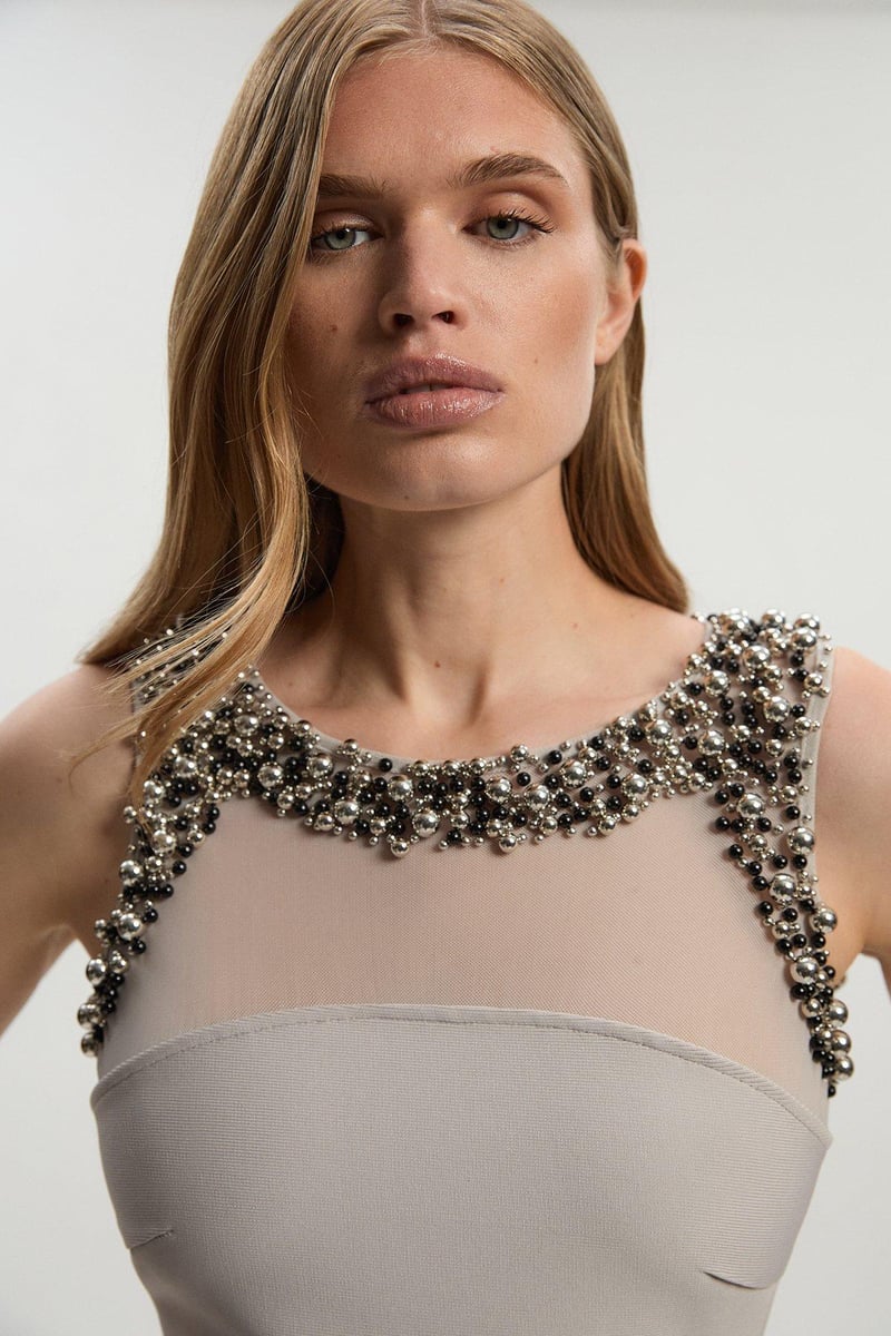 Pale Grey Embellished Mesh Yoke Bandage Knit Top