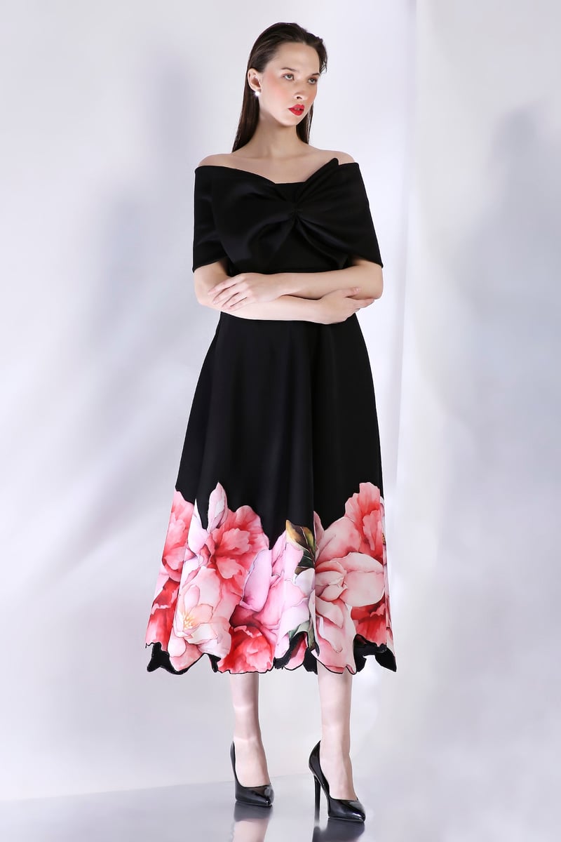 Black Off-Shoulder Bow Midi Dress with Floral Hem Print