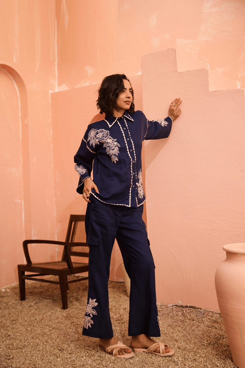 Navy Linen Embroidered Shirt and Flared Pants Co-ord Set