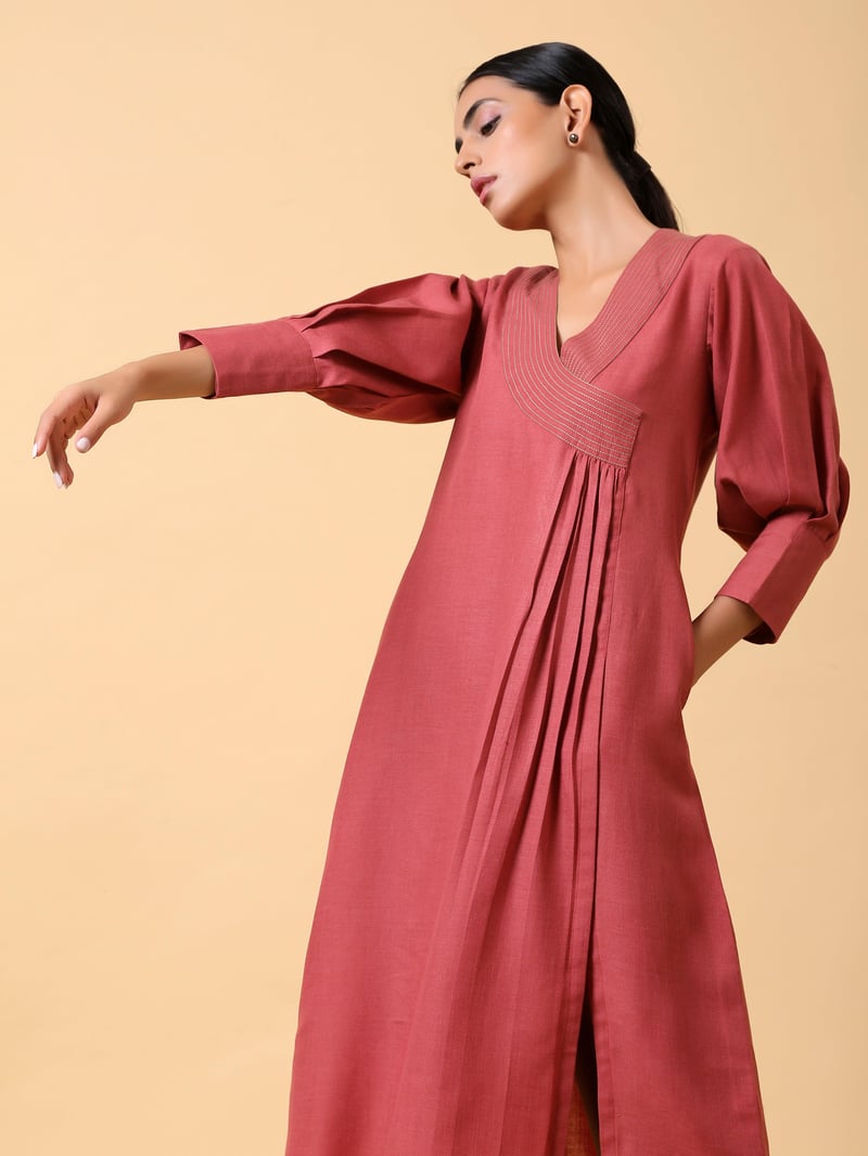 Rust Red Cotton Linen Straight Kurta Pant Set