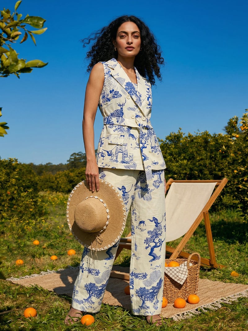 Ivory and Blue Printed Linen 3-Piece Co-ord Set