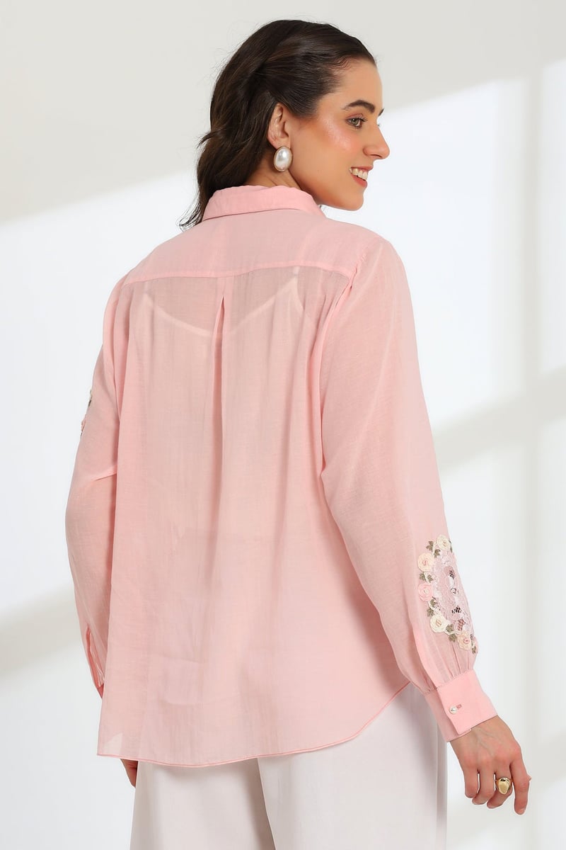 Blush Pink Sheer Mul Chanderi Shirt With Lace Detail