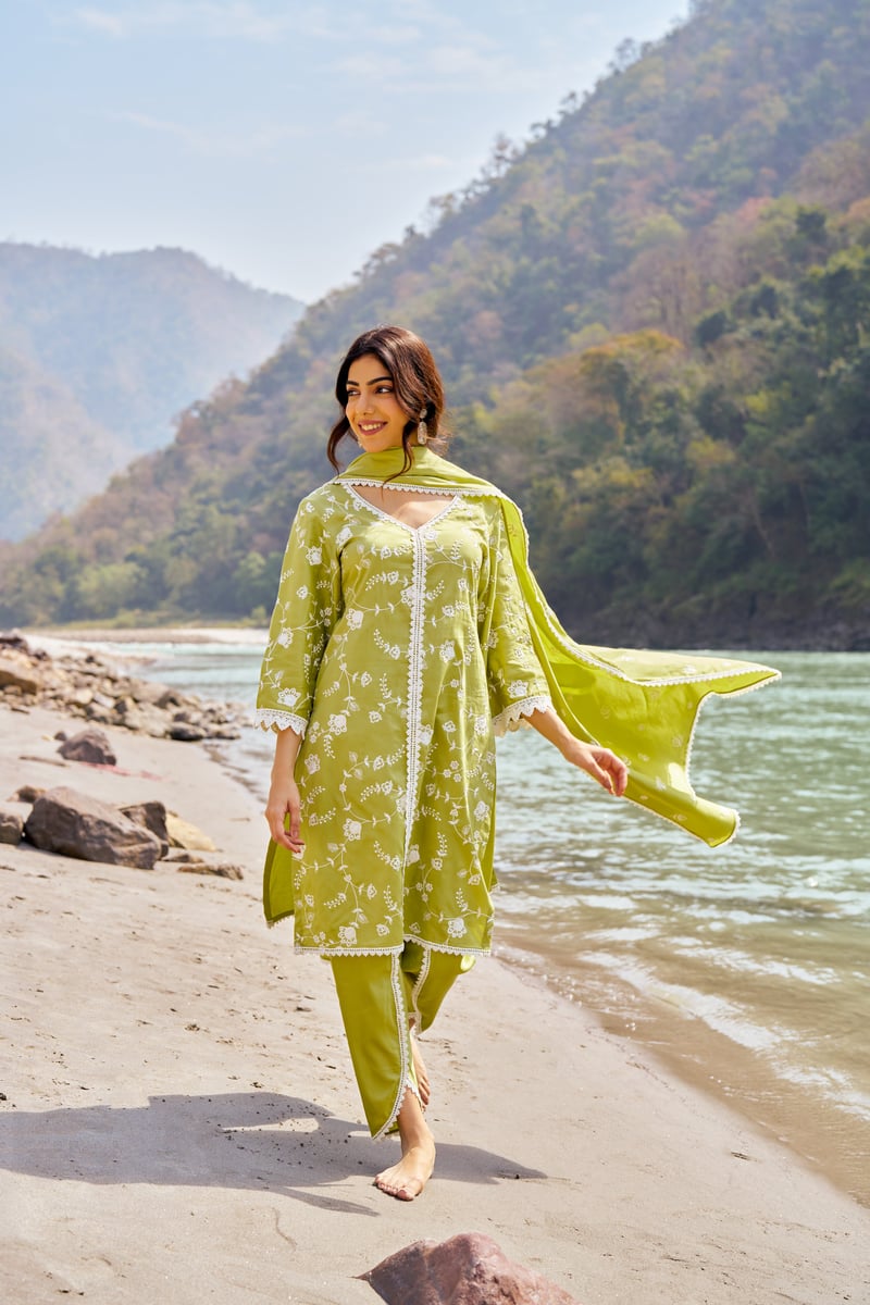 Green Cotton Embroidered Kurta Set with Lace Trim