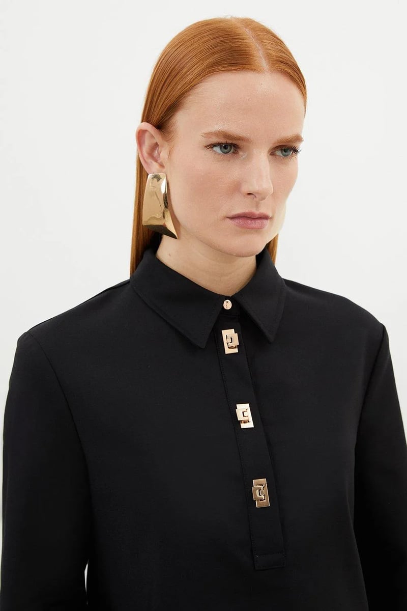 Black Collared Hardware-Button Placket Shirt