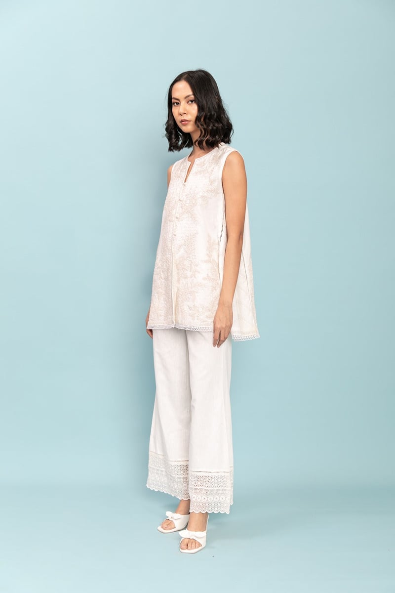 Ivory A-Line Sleeveless Tunic Set with Tonal Embroidery