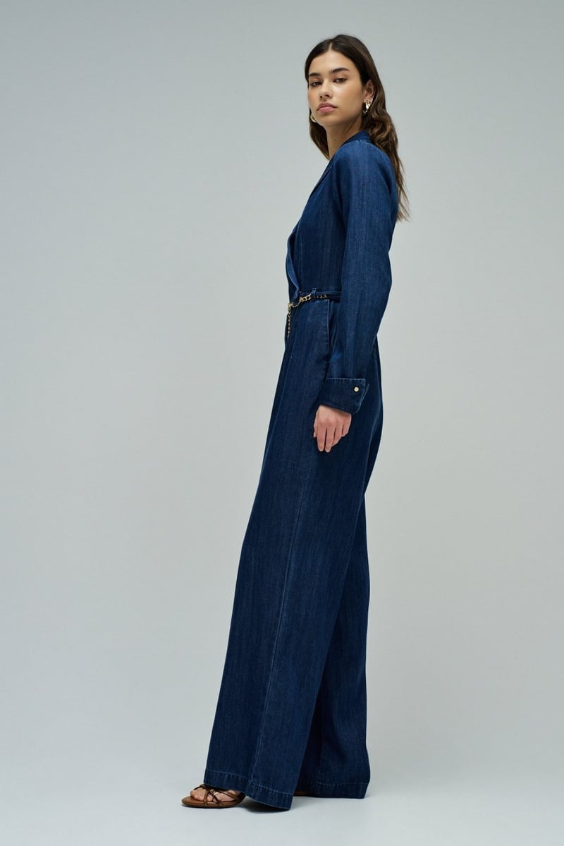 Dark Wash Wrap V-Neck Wide-Leg Jumpsuit